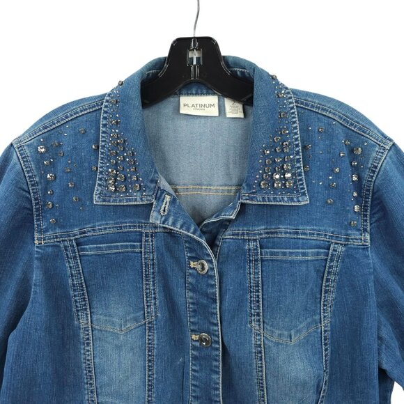 Chicos Platinum Denim Western Jacket Womens 2 US L/12 Rhinestones Long Sleeve - Picture 11 of 16